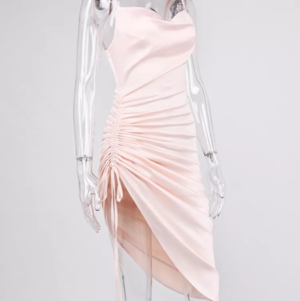 Draped Neck Spaghetti Strap Asymmetrical Satin Slip Dress - Picture 6 of 10